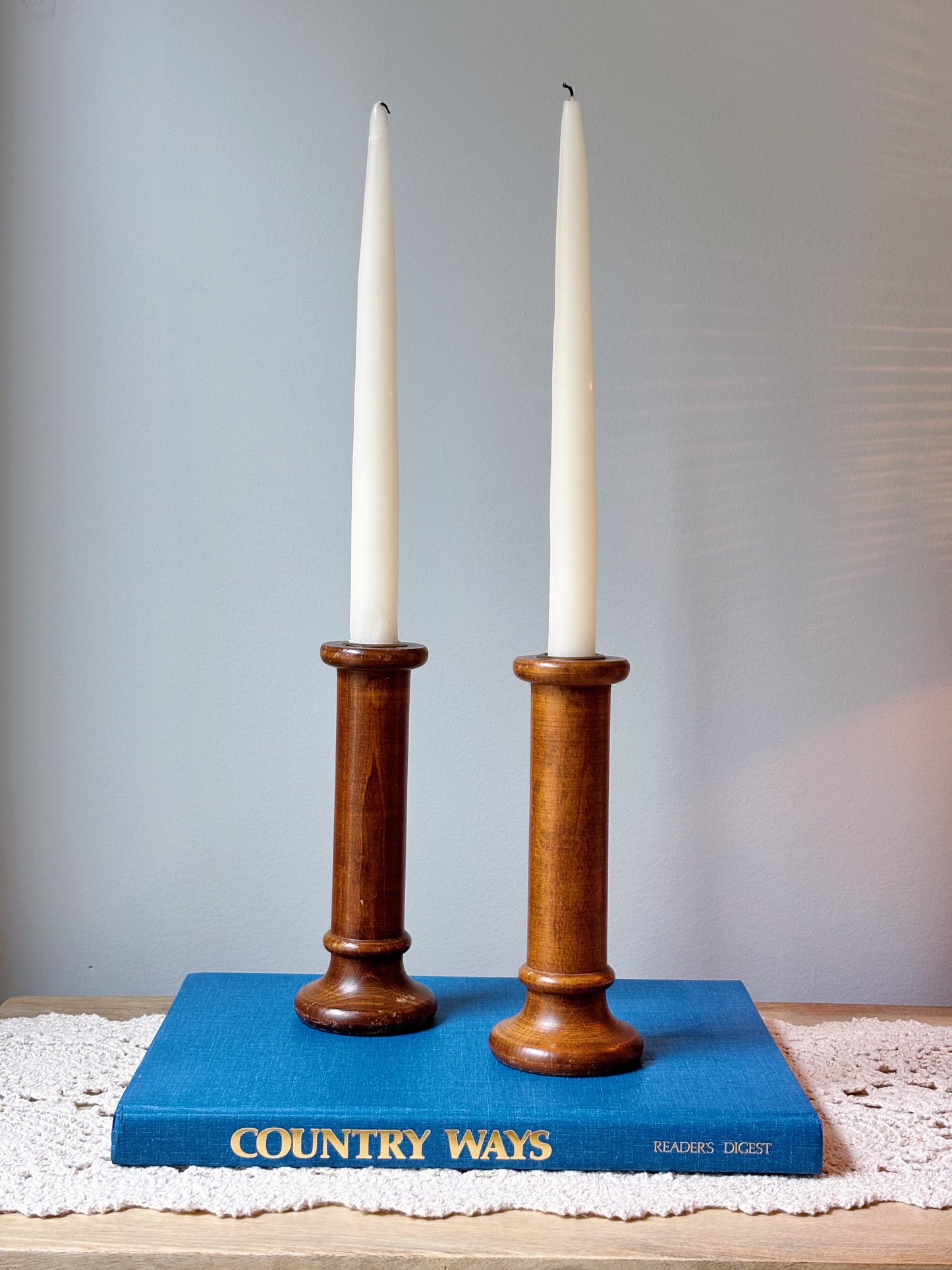 Set of Vintage Wooden Bobbin Candle Stick Holders