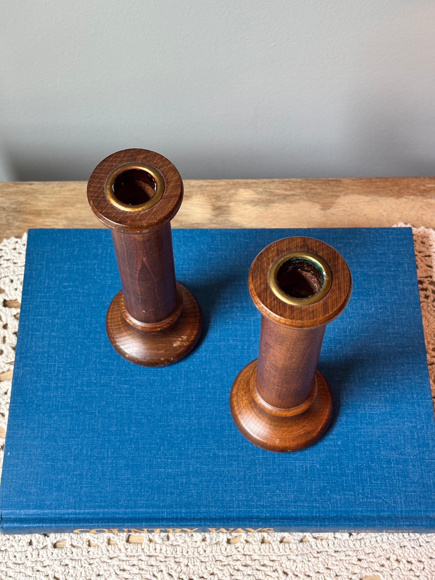 Set of Vintage Wooden Bobbin Candle Stick Holders